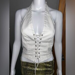 White crop faux leather top